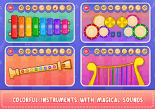 colorful instruments with magical sounds are shown on a purple background