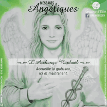 an angel holding a caduceus is on a green background with the words messages angeliques