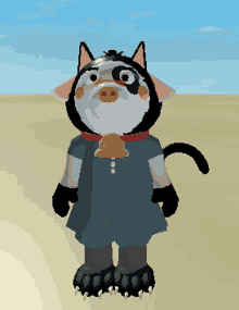 a cartoon cat with a bell around its neck is standing on a sandy beach