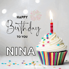 a birthday card for nina with a cupcake and a lit candle