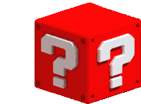 a red block with white question marks on it