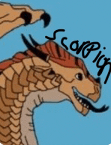 a drawing of a dragon with the word scorpion on it 's head .