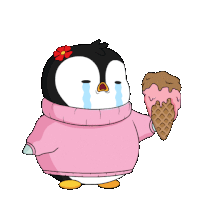 a penguin wearing a pink sweater is holding an ice cream cone and crying