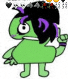 a green cartoon character with purple ears and a skull on his head