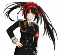 a girl with long black hair is wearing a military uniform and a red headband .