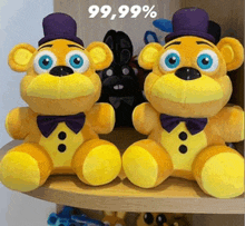 two teddy bears wearing purple hats and bow ties are on a shelf