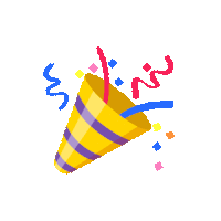 a yellow party cone with purple stripes is surrounded by confetti and streamers