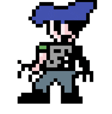 a pixel art drawing of a man with a blue hat and a gun .