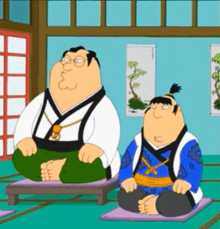 peter griffin and gary griffin from family guy are sitting on cushions in a room