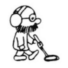 a cartoon of a man with a beard and headphones using a metal detector .