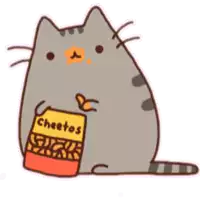 a cartoon cat is holding a bag of cheetos chips