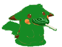 a green pikachu eating a green lollipop on a stick