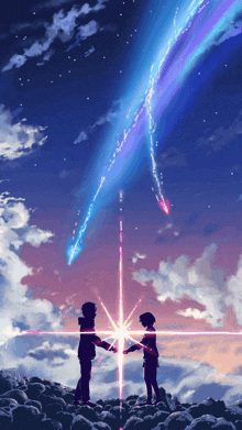 a couple standing next to each other with a star in the sky above them