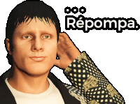 a man wearing a polka dot jacket has the word repompa written above him