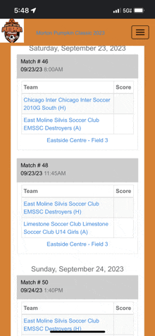 a phone screen shows a list of soccer matches on september 23