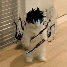 a cat with a sword on its back is standing on a floor .