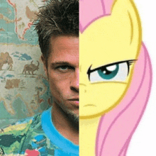 a half of a man 's face is next to a half of a pink pony