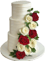 a three tiered white cake with red and white roses on it