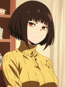 a girl with short brown hair and red eyes is wearing a yellow turtleneck