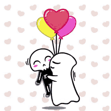 a cartoon of a ghost hugging a skeleton with balloons in the shape of a heart