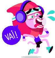 a cartoon of a dog wearing headphones and holding a speech bubble that says vai