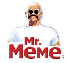 a mr. meme logo with a bald man with a mustache wearing sunglasses