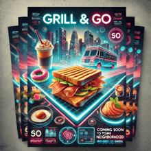 an advertisement for grill & go shows a sandwich on a grid