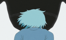 a person with blue hair is standing in front of a black shadow