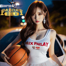 a woman is holding a basketball and wearing a mix parlay shirt