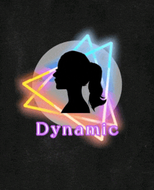 a silhouette of a woman with a ponytail and dynamic written below it