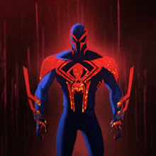 a pixel art of a spiderman with red and blue glowing arms