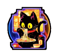 a black cat is eating a bowl of noodles