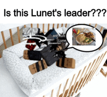 a crib with a picture of a plate of food and a speech bubble that says is this lunet 's leader