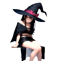 a girl wearing a witch hat sits on a chair