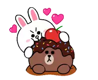 a cartoon of a bunny and a brown bear holding a chocolate cake with sprinkles