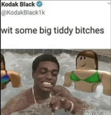 kodak black is making a funny face in a pool with two roblox characters .