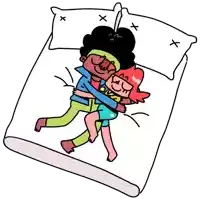 a cartoon drawing of two people hugging each other on a bed