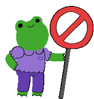 a frog in a purple shirt is holding a no sign