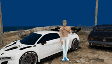 a shirtless man stands next to a white sports car with a black mustang in the background