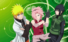 a group of anime characters standing next to each other with a green background