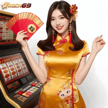 a woman in a cheongsam holding a fan in front of a slot machine