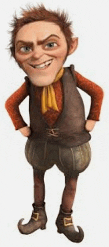 a cartoon character from shrek is smiling and standing with his hands on his hips .