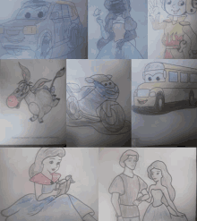 a collage of children 's drawings includes a donkey a motorcycle a bus a princess and a prince