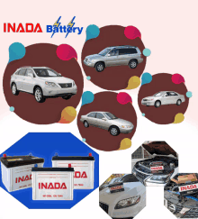 a collage of inada batteries and cars on a pink background