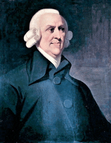 a painting of adam smith with a blue coat and white hair