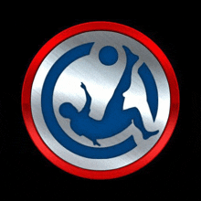 a blue and white logo with a red circle around it