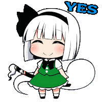 a cartoon of a girl with white hair and the word yes above her head