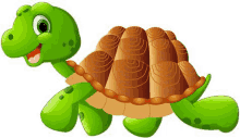 a cartoon turtle with a brown shell is smiling and walking on a white background .