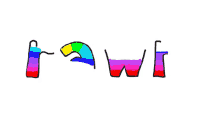 a drawing of the word raw with a rainbow colored tail