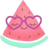 a slice of watermelon wearing heart shaped glasses with its eyes closed